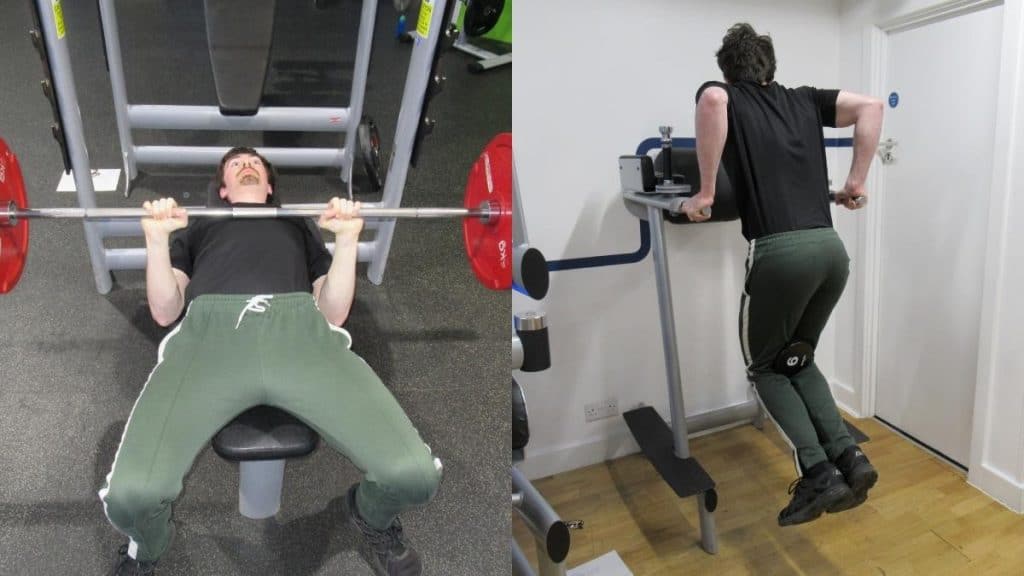 A man doing a close grip bench press vs weighted dips comparison