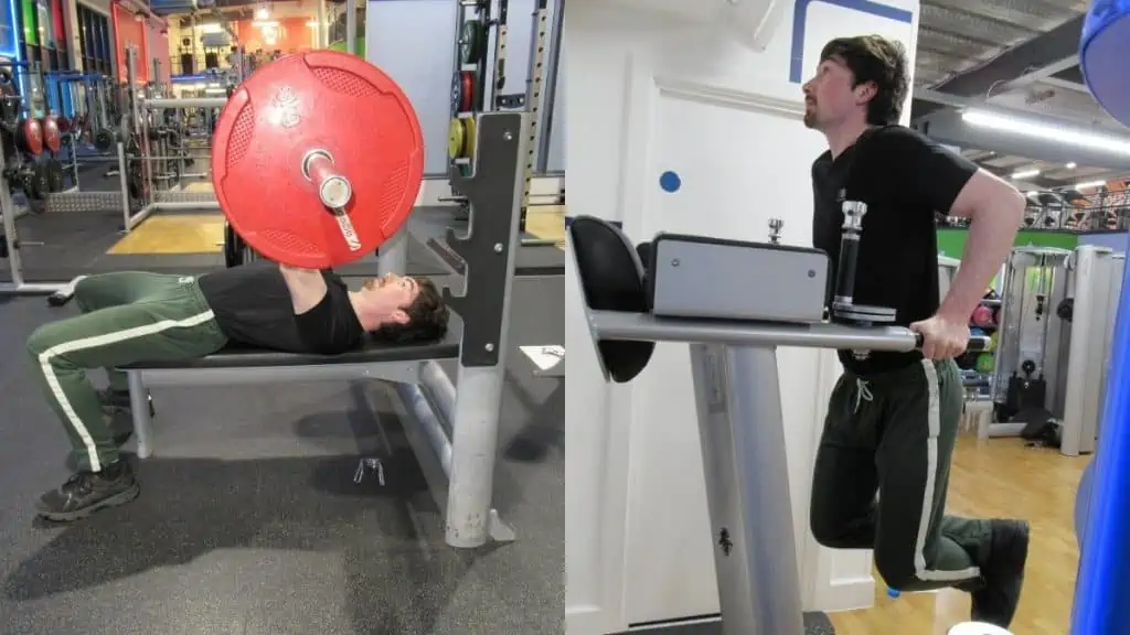 A man doing a close grip bench vs dips comparison to illustrate the differences