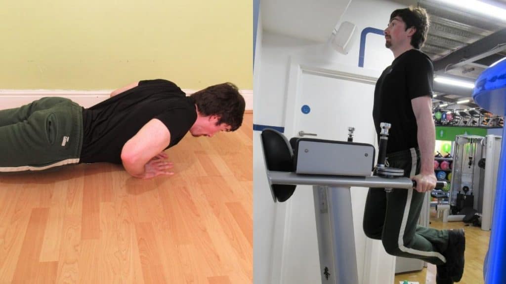 A weight lifter performing a close grip push ups vs dips comparison at the gym