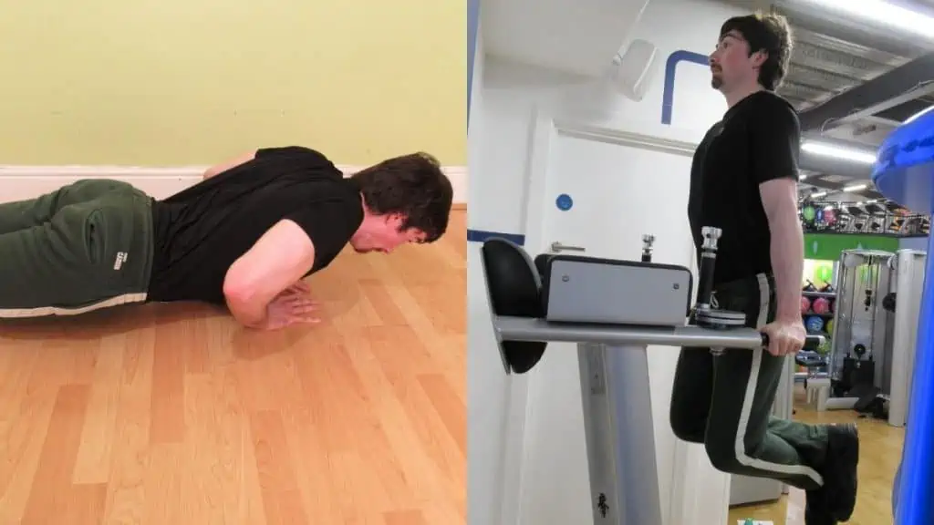 A weight lifter performing a close grip push ups vs dips comparison at the gym