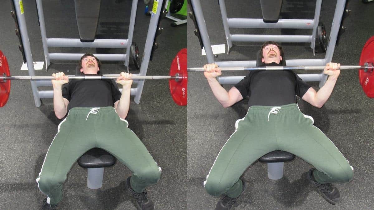 A man performing a side by side close grip vs wide grip bench press comparison