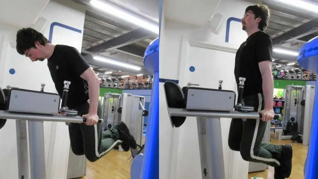 A man demonstrating the difference between chest dips and tricep dips