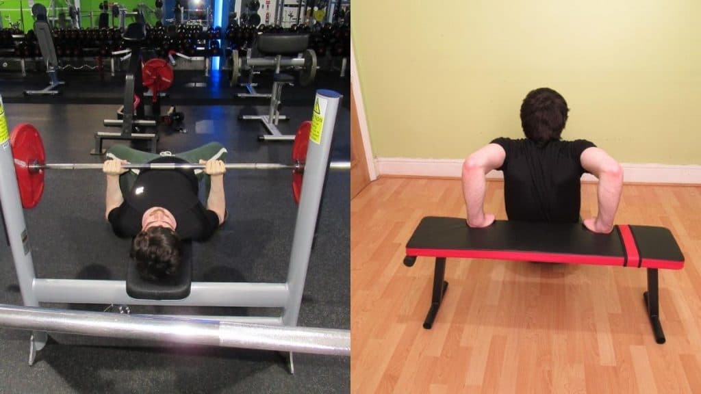 A man showing that you can do dips or close grip bench press for triceps strength