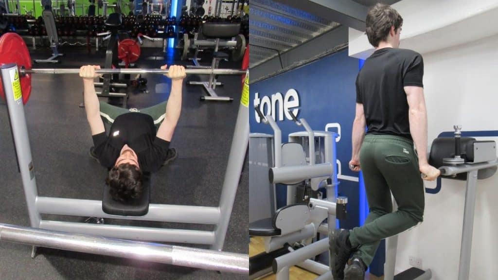 A man doing a dips vs close grip bench press comparison to show the differences