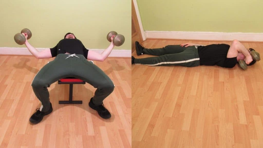 A man performing a dumbbell chest and tricep workout at home