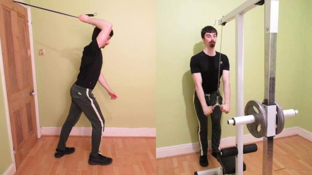 A weight lifter demonstrating two very elbow friendly triceps exercises