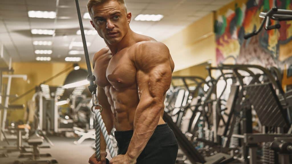 A bodybuilder training his horseshoe triceps at the gym