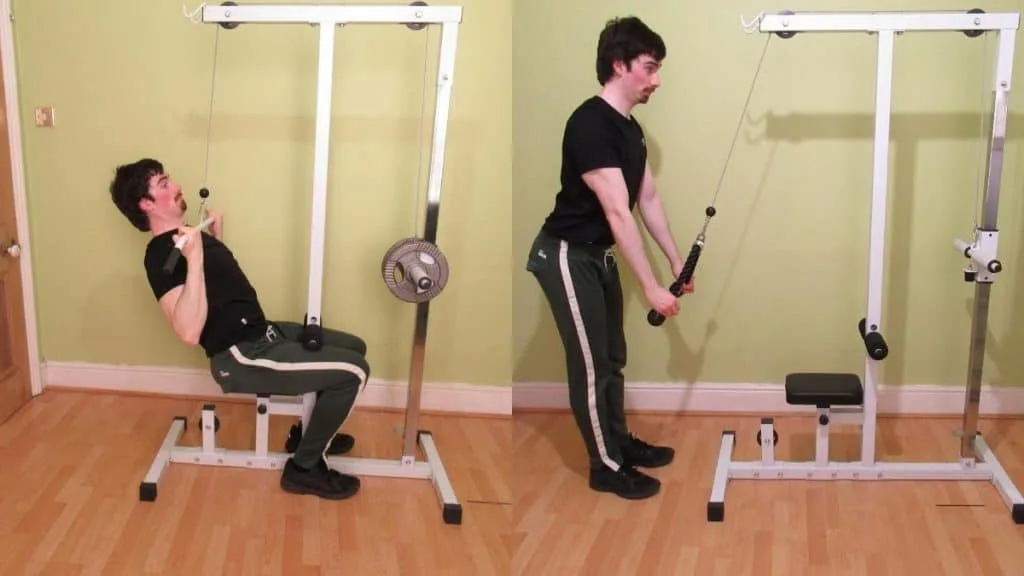 A man doing a lat pulldown tricep extension