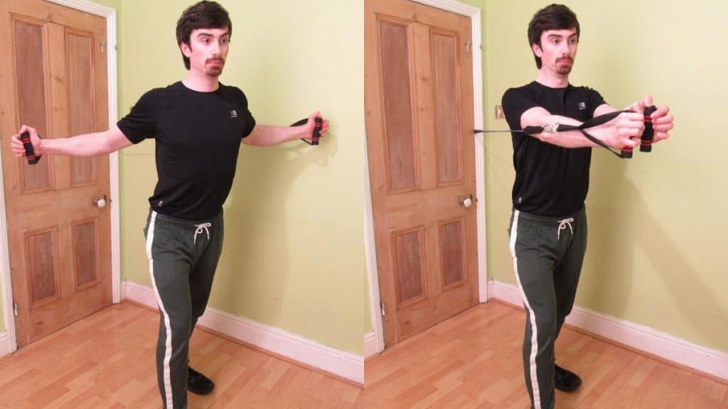 A man doing a resistance band chest fly