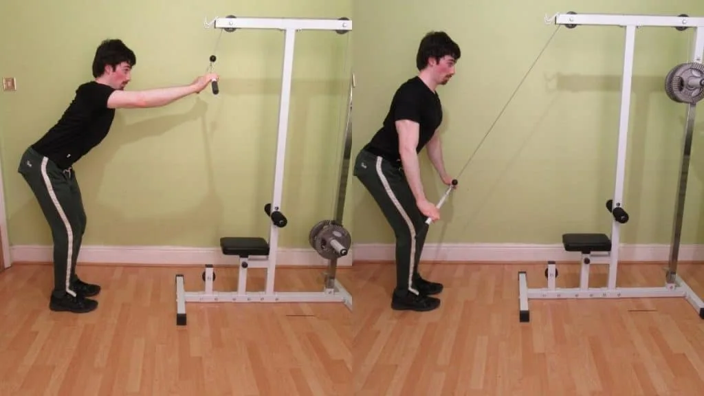 A man showing how a straight arm lat pulldown works your triceps