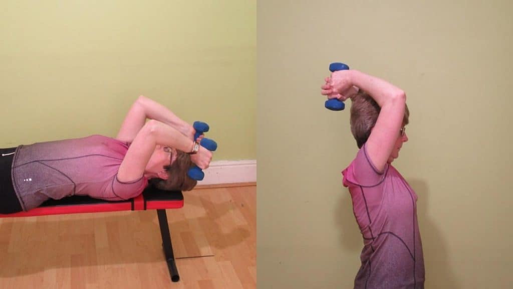 A lady doing some free weight tricep exercises with dumbbells