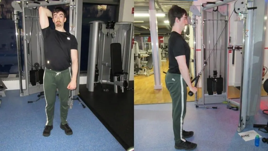 A man demonstarting some good tricep pulley exercises that you can do on the cable machine