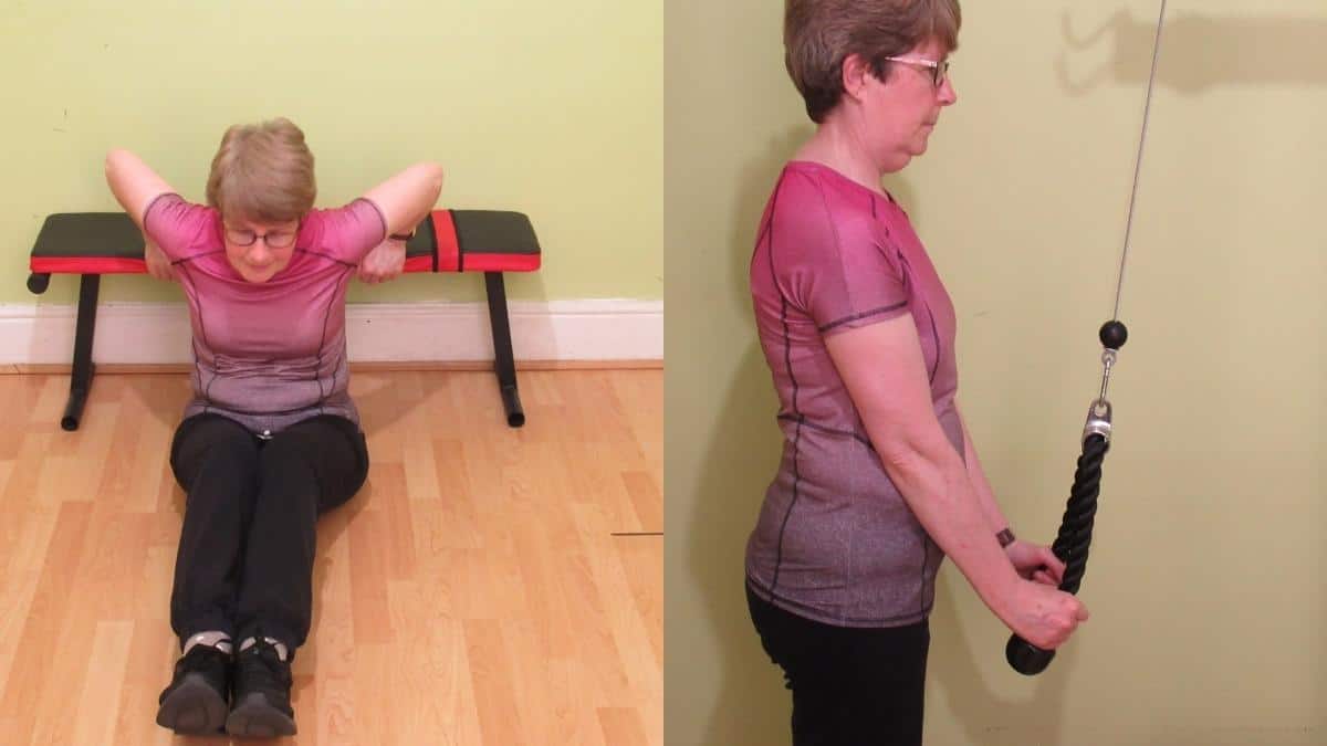 A lady performing a triceps workout for women