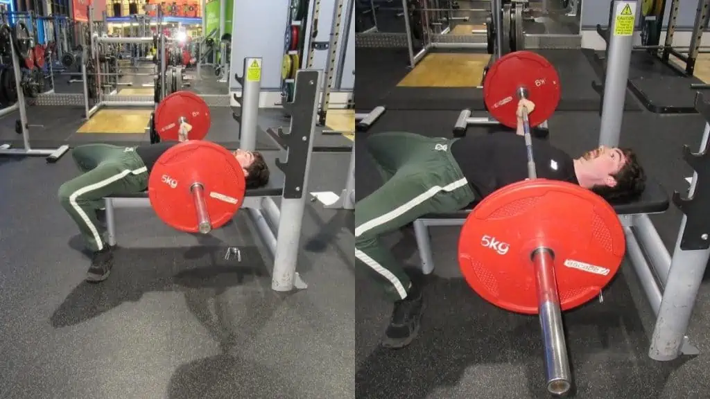 A weight lifter doing a wide grip bench press vs close grip bench press comparison