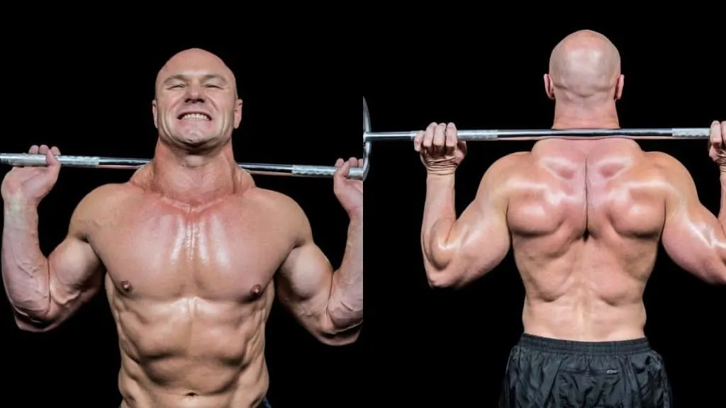 A bodybuilder flexing his 21 inch neck