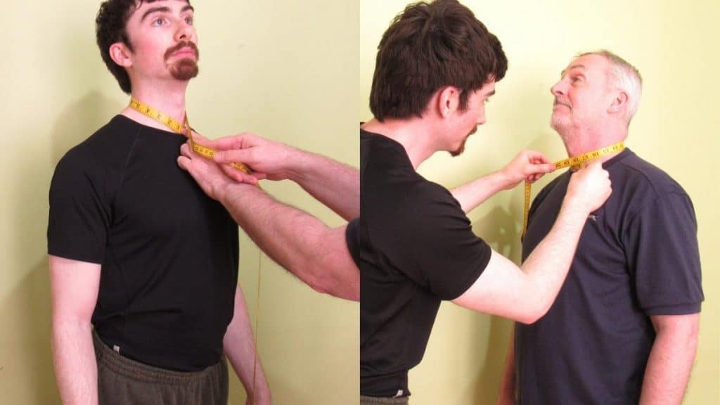 Two men demonstrating the average neck circumference by age
