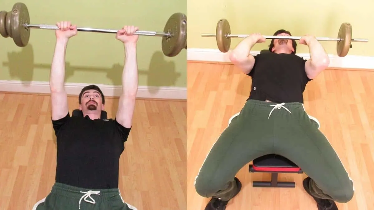 A weight lifter demonstrating two of the best barbell tricep exercises for mass