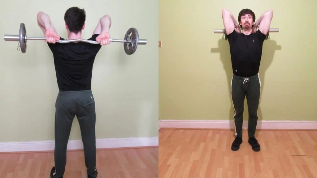 A weight lifter doing an EZ bar vs tricep bar comparison to show the differences