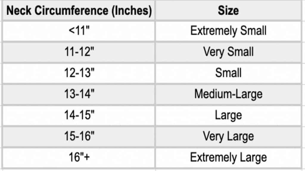 A female neck size chart showing the average neck size for women