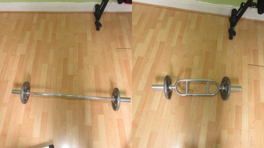 A side by side tricep bar vs EZ bar comparison to illustrate the differences