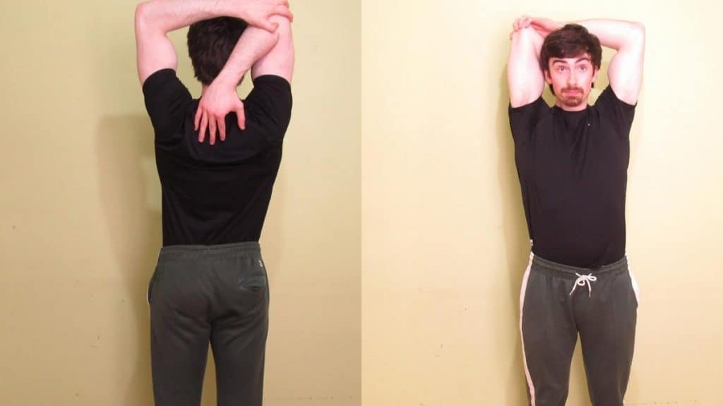 A man demonstrating a common tricep cramp treatment: Stretching