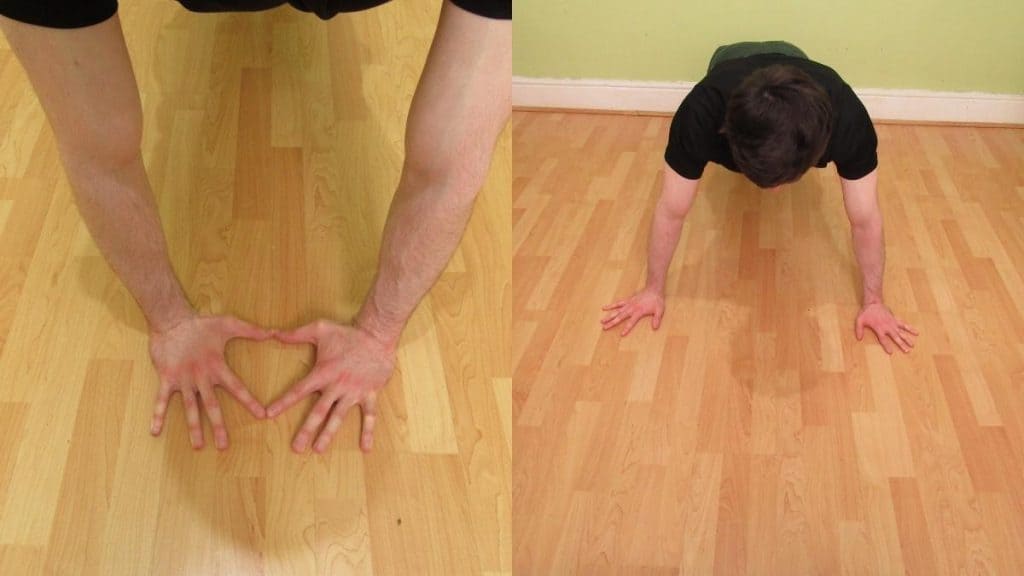 A man doing a wide grip vs close grip push ups comparison to show the differences