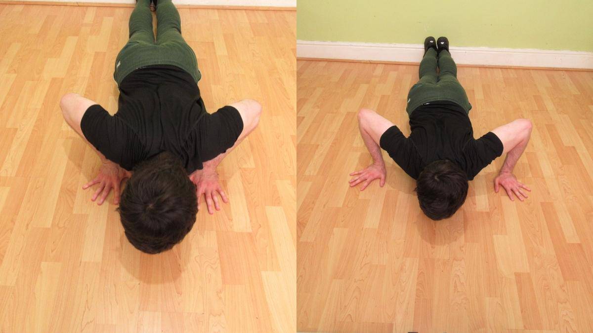 A man doing a side by side wide vs narrow push ups comparison