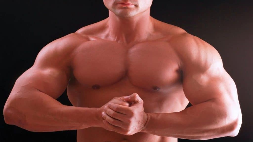 A bodybuilder flexing his 28 inch shoulders
