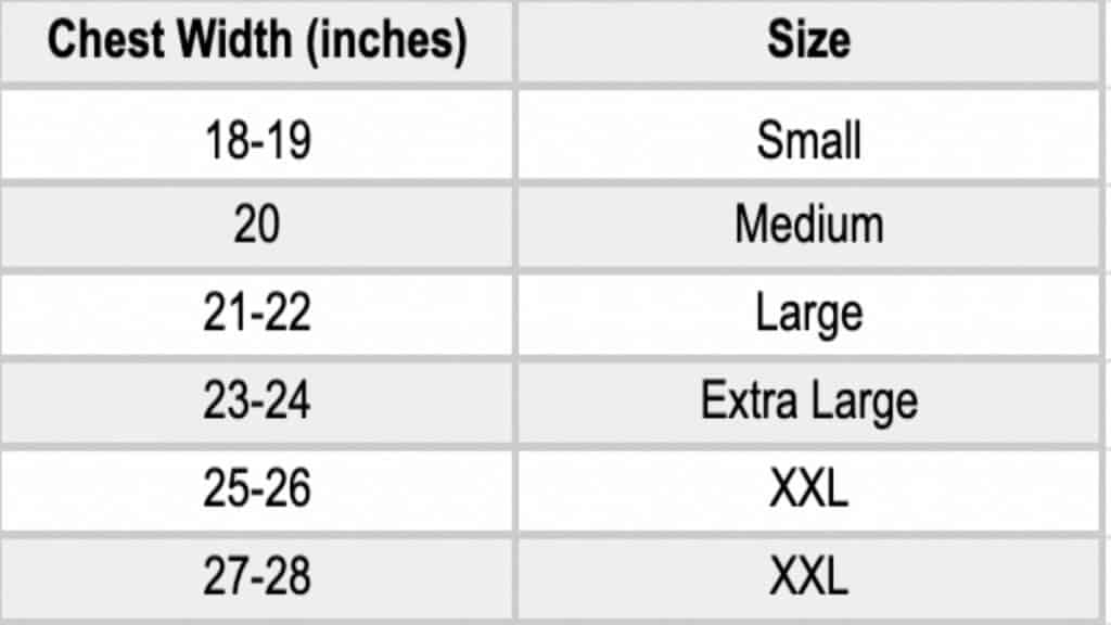 A male chest measurement chart showing various chest sizes and their corresponding clothing size