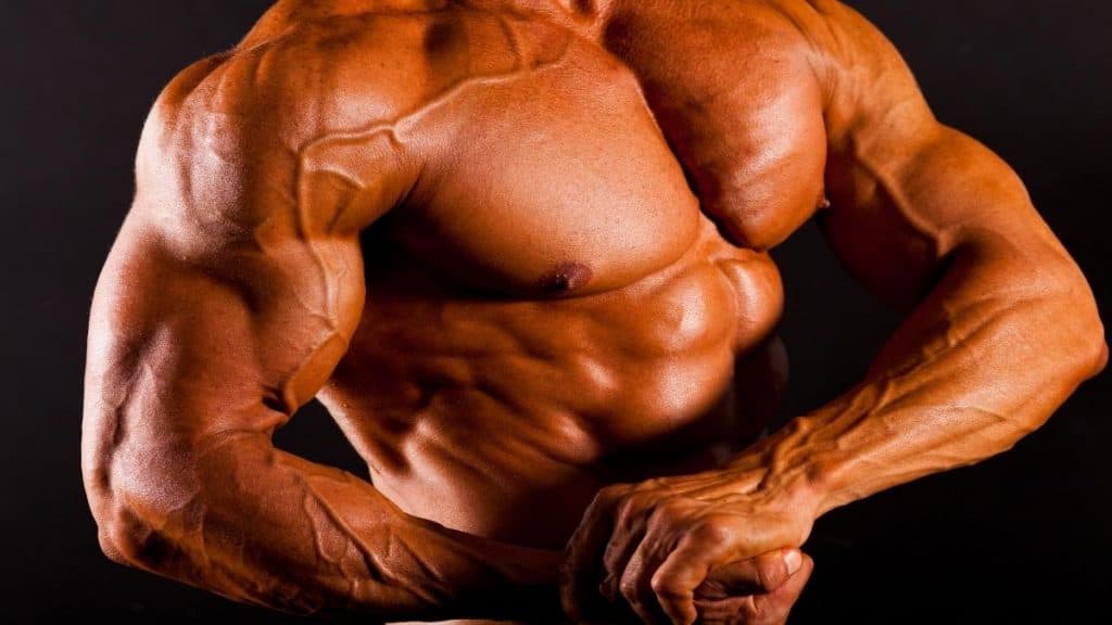 A bodybuilder flexing his big 50 inch chest