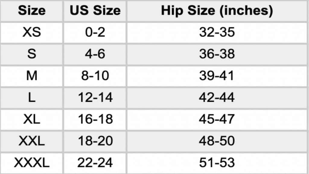 A female hip size chart showing the clothing size and the corresponding women's hip measurement
