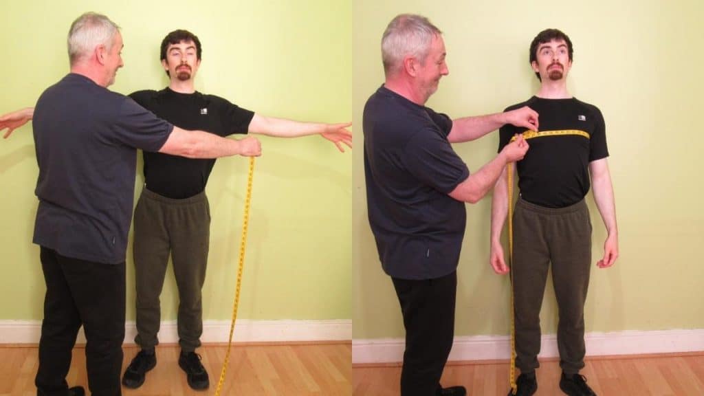 Two males demonstrating how to measure your chest size as a man
