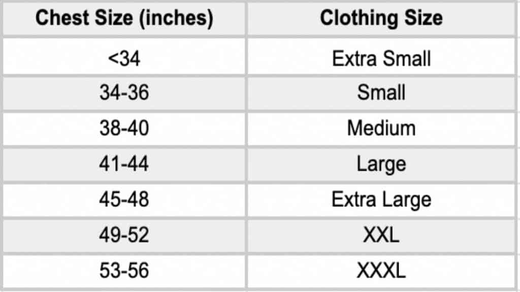 A man's chest size chart showing various chest measurements and their corresponding clothing sizes