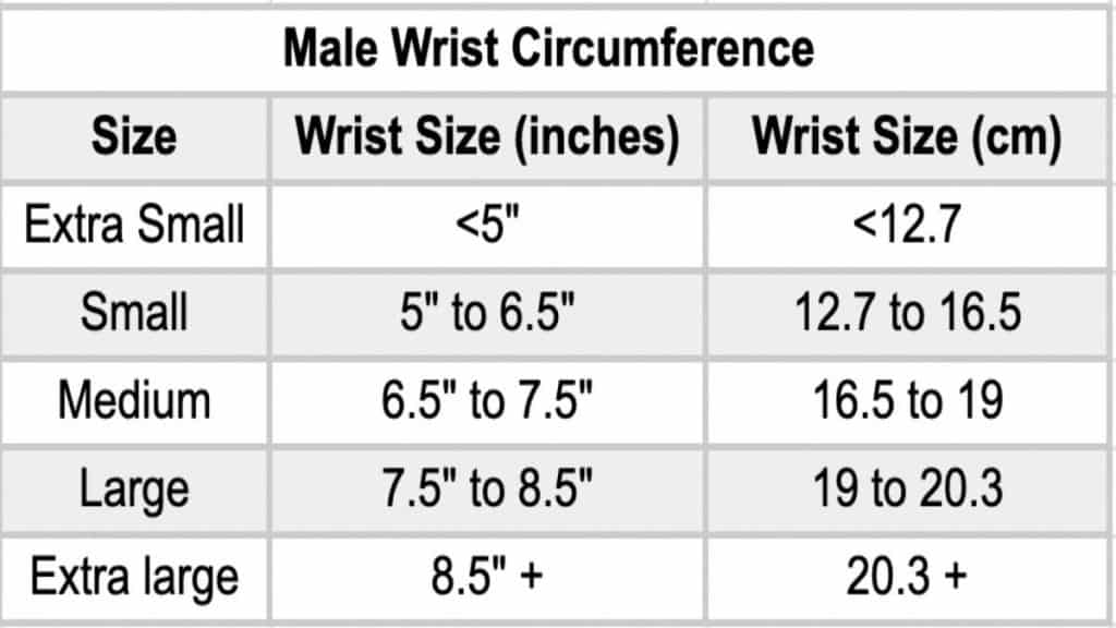 A men's wrist size chart showing various male wrist circumference measurements