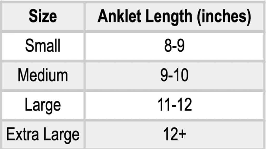 A standard anklet size chart showing the average women's anklet size