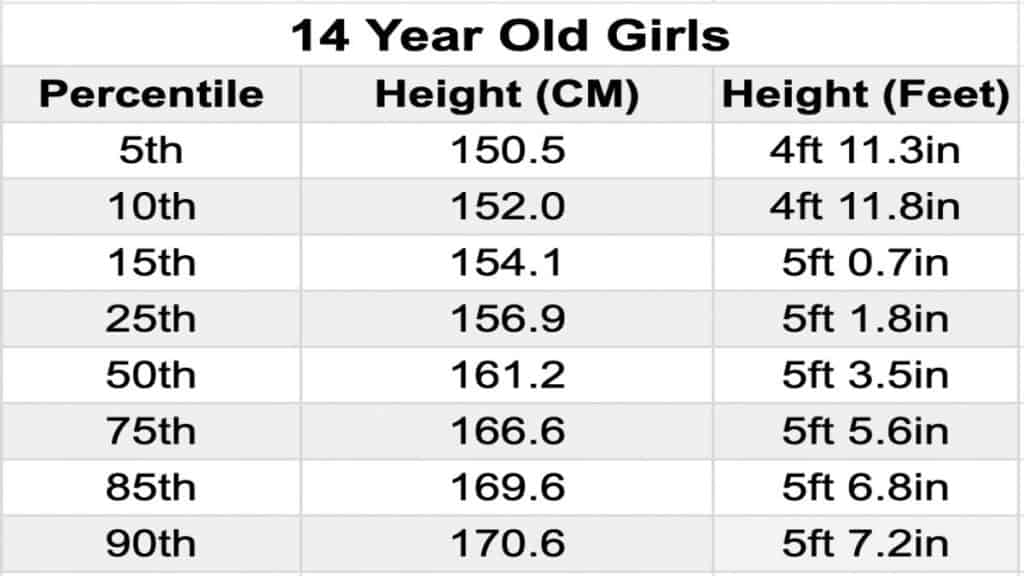 A chart showing the average height for a 14 year old girl in feet