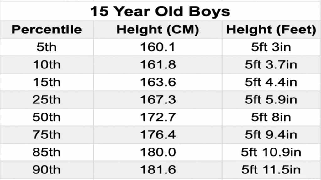 A chart showing the average height for a 15 year old boy in feet