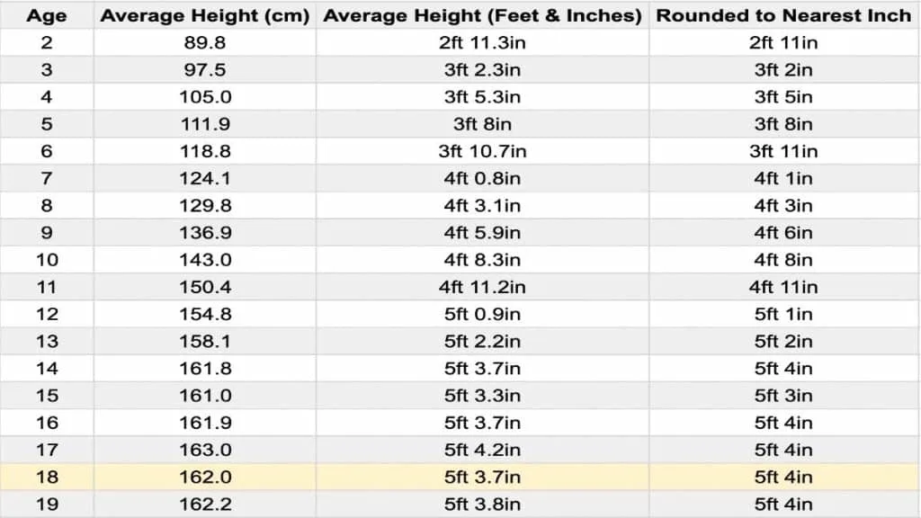 A chart showing the average height for an 18 year old female in feet