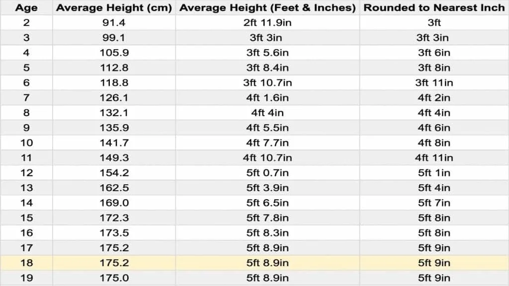 A chart displaying the average height for an 18 year old male in feet