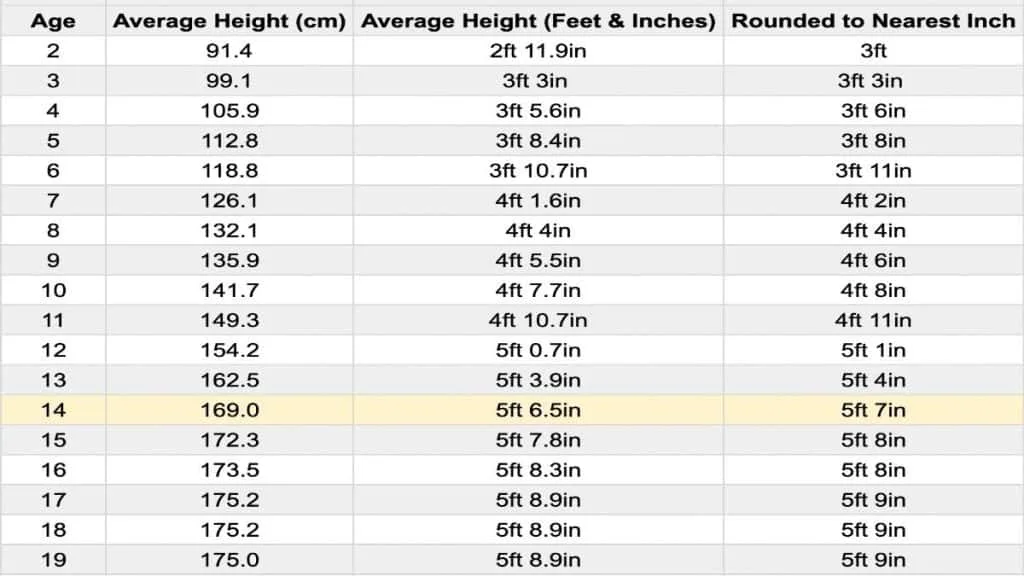 A chart showing the average height for a 14 year old boy in feet and centimeters