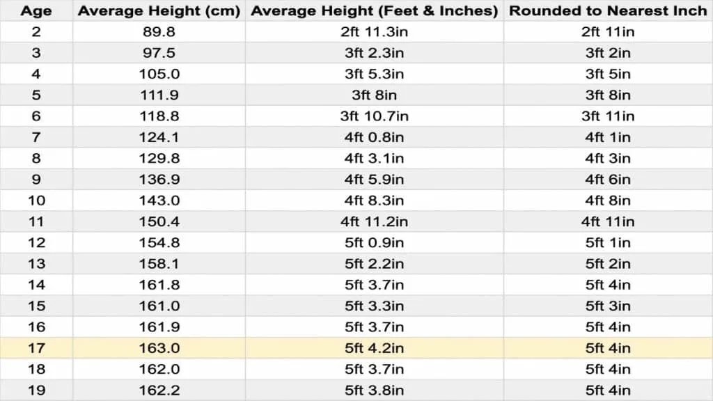 A chart displaying the average height for a 17 year old girl in feet