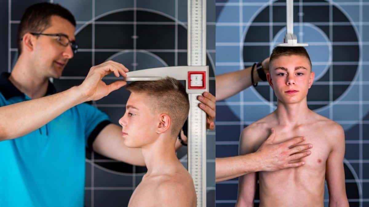 A boy getting measured to see if he is the average 10th grader height