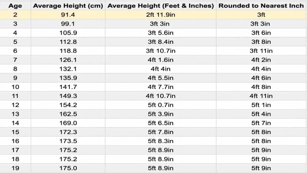 A chart showing the average height for a 2 year old boy