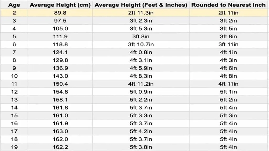 A chart showing the average height for a 2 year old girl