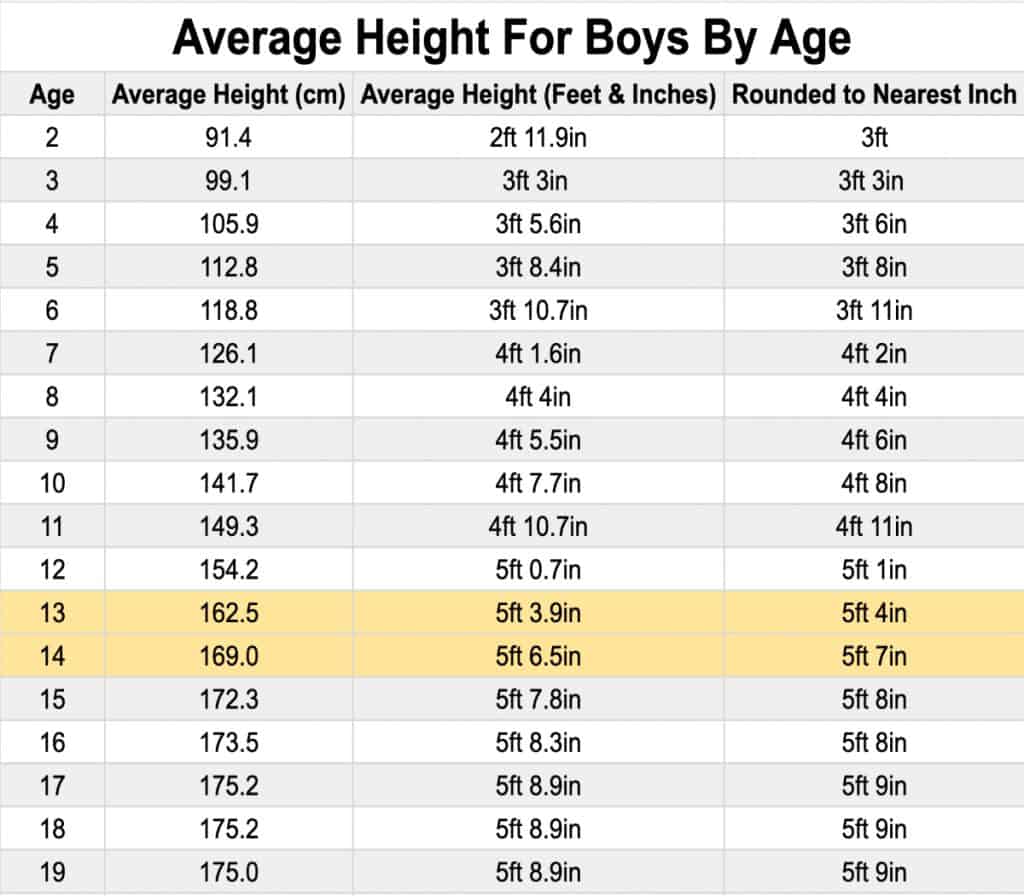 A table showing the average height for an 8th grade boy