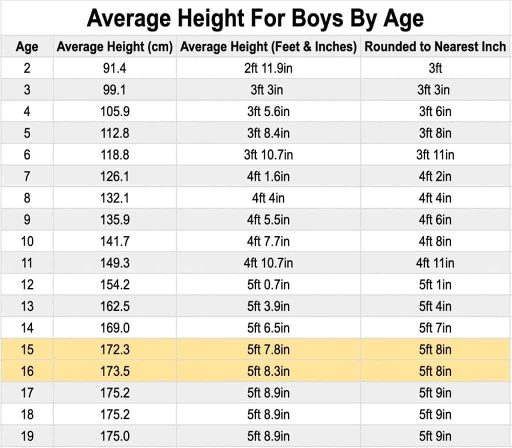 A chart displaying the average height for a sophomore boy