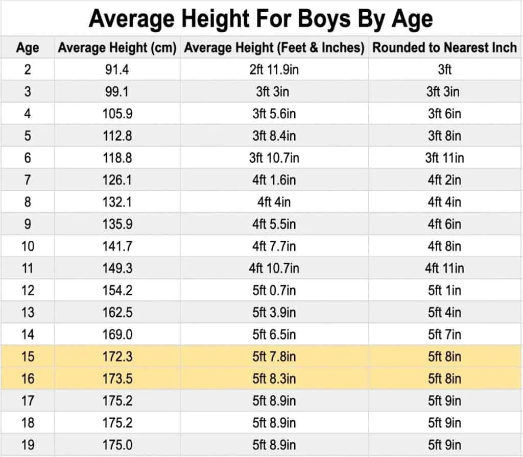 A chart displaying the average height for a sophomore boy