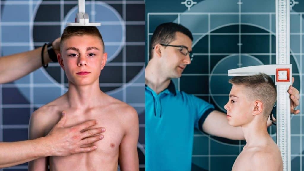 A boy getting measured with a stadiometer