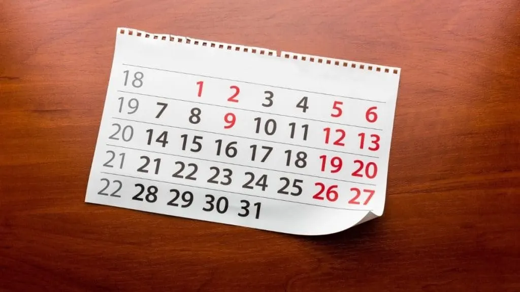 A calendar showing the days of the month