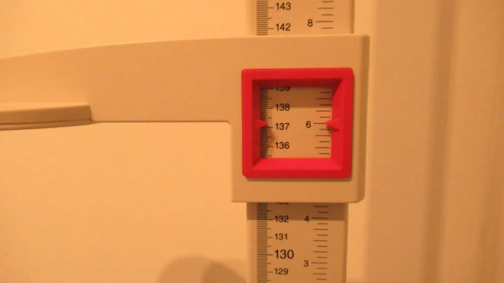 A stadiometer displaying the height 4 feet 6 inches